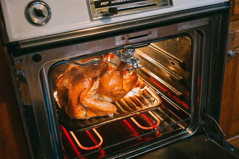 turkey roasting in oven with door open